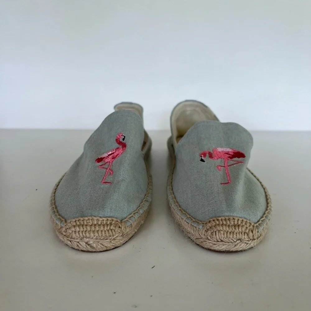 Soludos Flamingos Embroidered Espadrille Smoking Slipper, Light Blue, 9